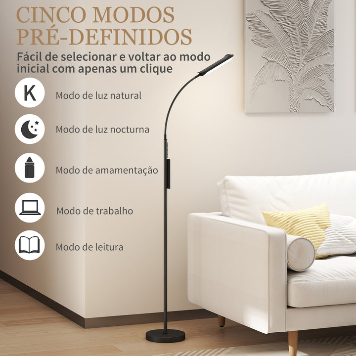 Candeeiro de Pé LED Regulável com Controlo Remoto e Tátil 5 Modos de Iluminação Temporizador de 60 Minutos Memória e Parte Inferior Giratório Flexível Ø22x175 cm Preto