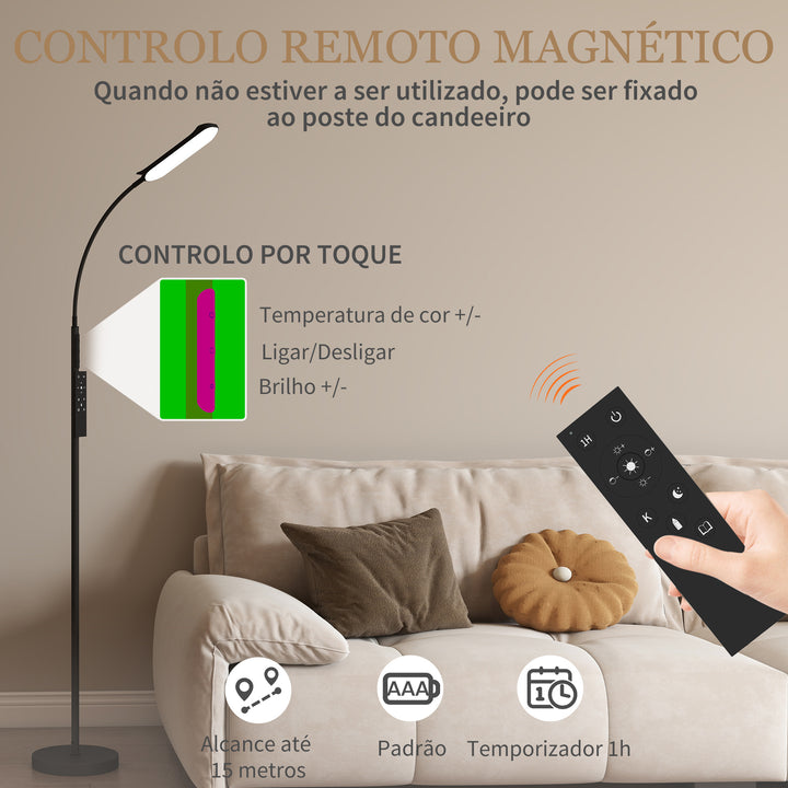 Candeeiro de Pé LED Regulável com Controlo Remoto e Tátil 5 Modos de Iluminação Temporizador de 60 Minutos Memória e Parte Inferior Giratório Flexível Ø22x175 cm Preto