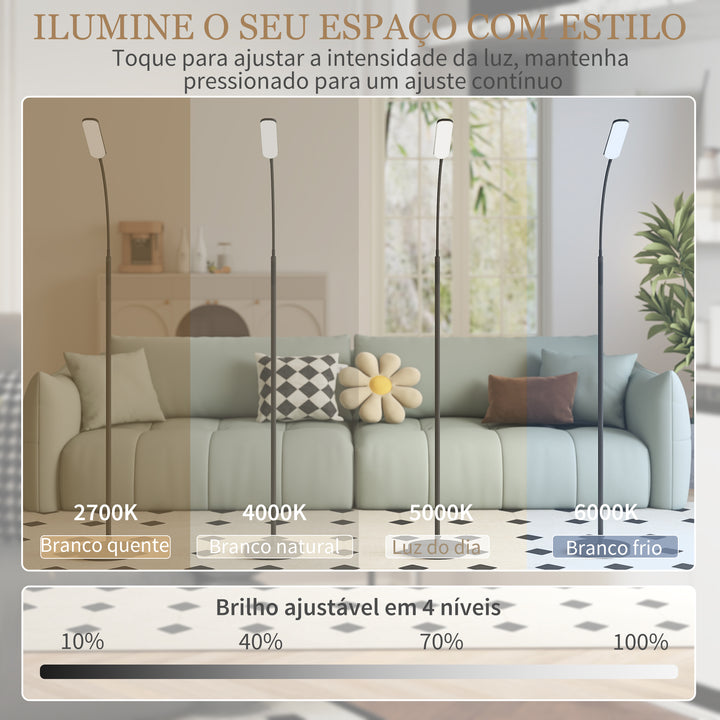 Candeeiro de Pé LED Regulável com Controlo Remoto e Tátil 5 Modos de Iluminação Temporizador de 60 Minutos Memória e Parte Inferior Giratório Flexível Ø22x175 cm Preto