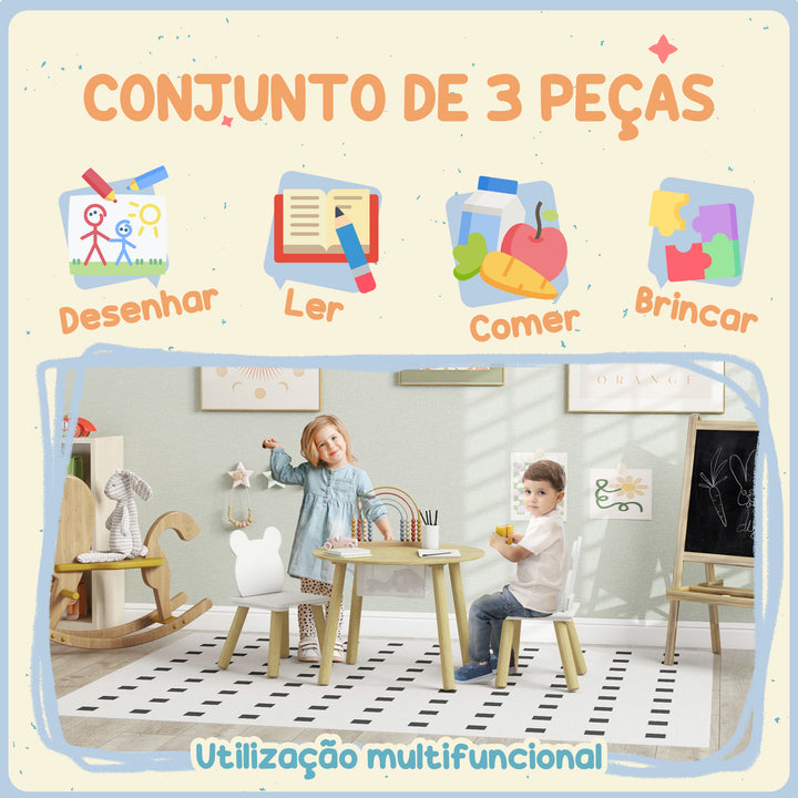 Mesa e Cadeiras Infantis de 3 Peças Mesa Infantil com 2 Cadeiras com Espaço de Arrumação para Crianças de 3-6 Anos para Sala de Jogos Dormitório Escola Infantil Madeira e Branco