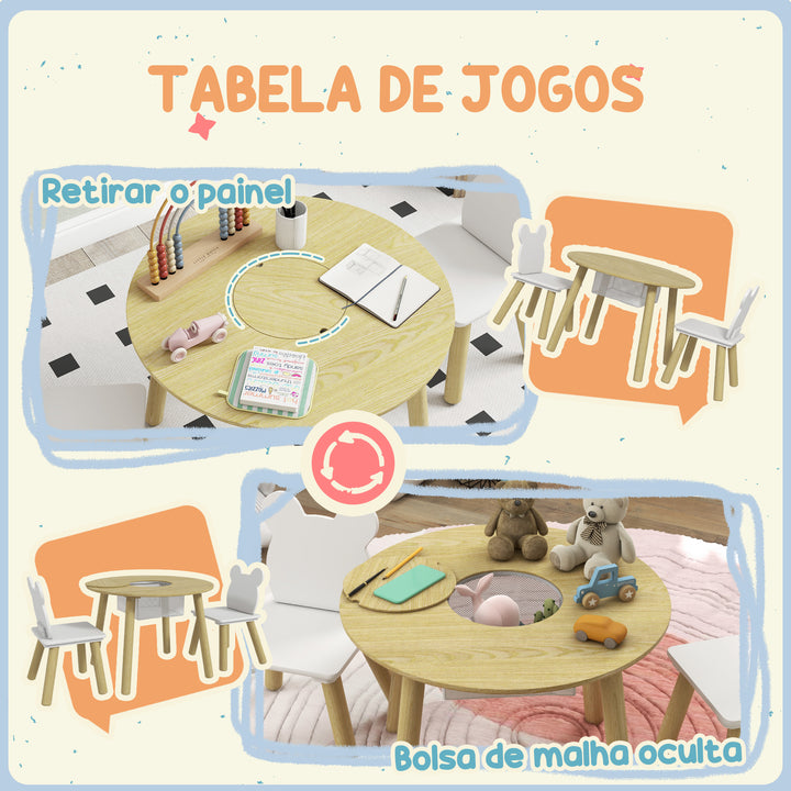 Mesa e Cadeiras Infantis de 3 Peças Mesa Infantil com 2 Cadeiras com Espaço de Arrumação para Crianças de 3-6 Anos para Sala de Jogos Dormitório Escola Infantil Madeira e Branco
