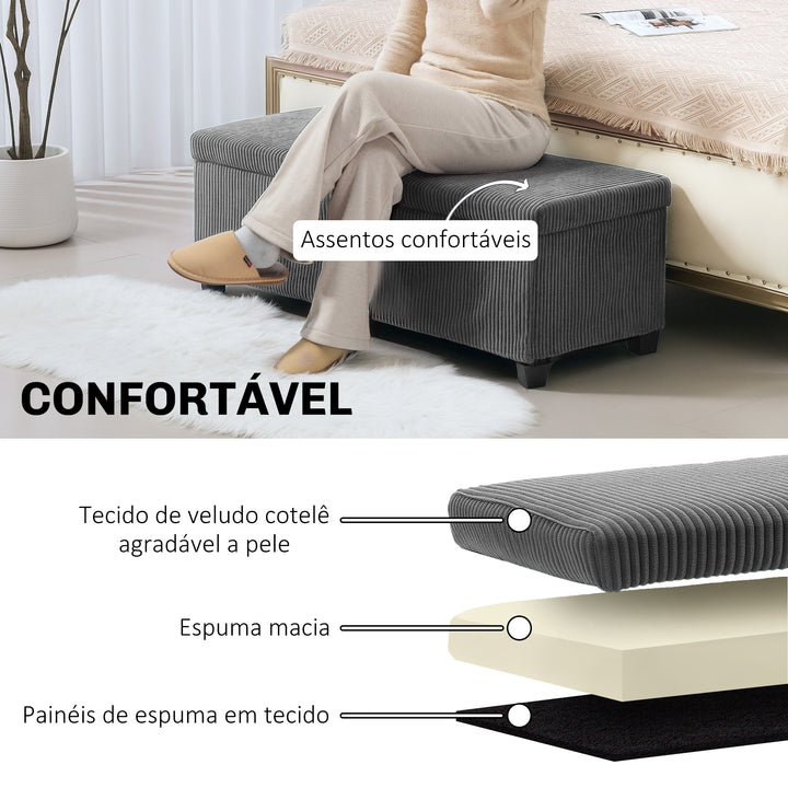 Banco de Arrumação Banco com Armazenamento Capacidade de 84 L 112x42x40 cm Estofado em Veludo Banco Pé de Cama para Dormitório Cinzento