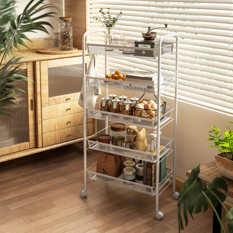 Carrinho Auxiliar com Rodas Carrinho de Cozinha de 5 Níveis com 4 Ganchos Capacidade de 15 kg para Sala de Jantar Sala de Estar Casa de Banho 45x26,5x106 cm Branco