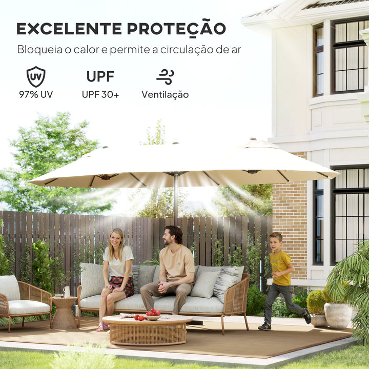 Chapéu de Sol Duplo 4,55x2,65x2,38 m Chapéu de Sol de Jardim com Manivela Manual Resistente à Água e com Proteção Solar UV para Terraço Pátio Creme