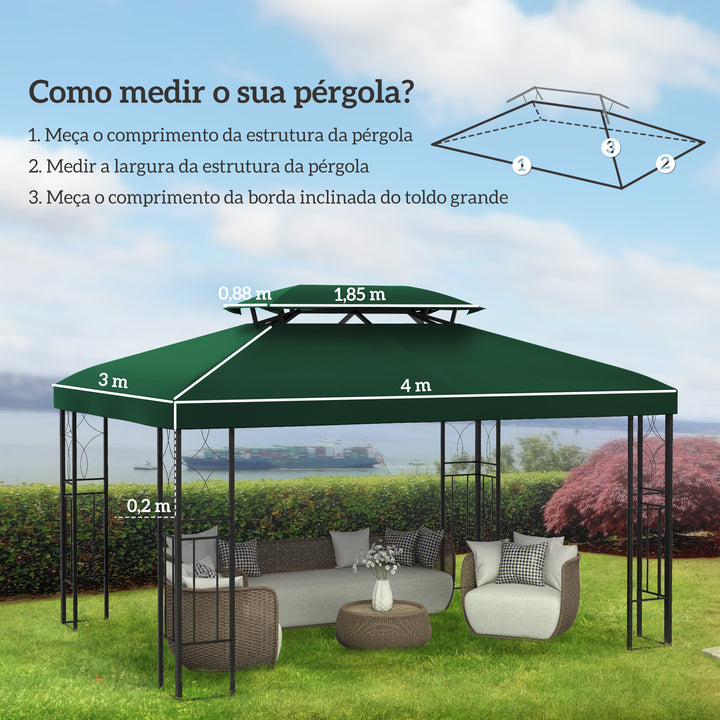 Toldo de Substituição 4x3m para Pérgola de Jardim 2 Níveis Respirável com 10 Orifícios de Drenagem Cobertura de Substituição de Pérgola Exterior Verde