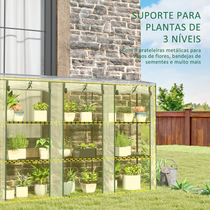 Estufa Pequena Estufa de Exterior com Prateleiras de 3 Níveis Portas com Fecho de Correr e Estrutura de Aço Estufa para Cultivar Plantas Flores 215x46x151 cm Transparente
