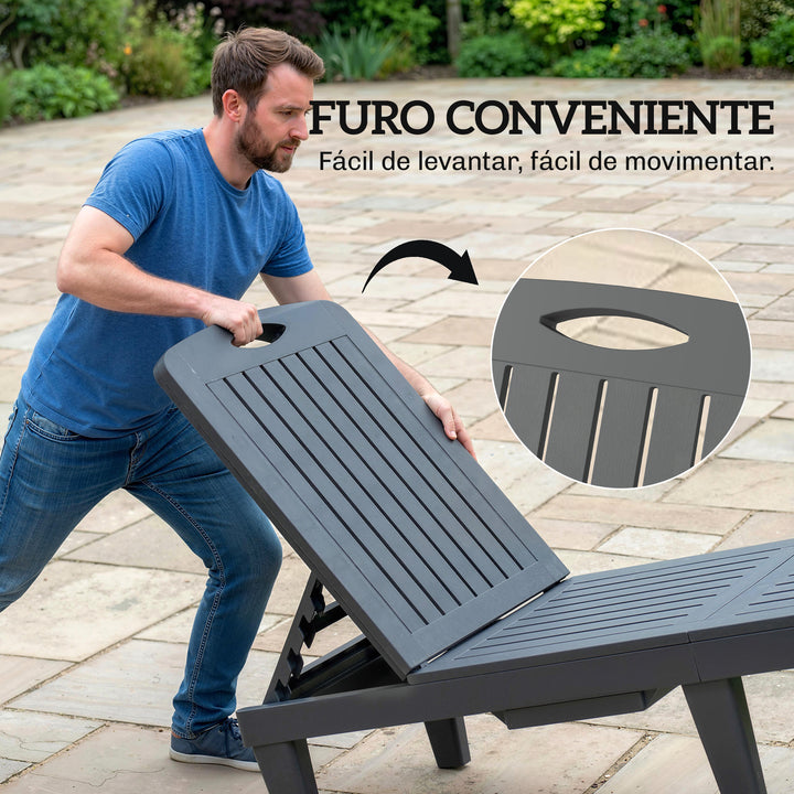 Conjunto de 2 Espreguiçadeiras de Jardim Espreguiçadeiras Reclináveis de Plástico PP com Bandeja Lateral Encosto Ajustável em 5 Posições Resistentes às Intempéries para Praia e Piscina Cinzento
