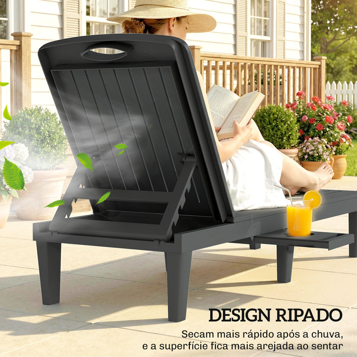 Conjunto de 2 Espreguiçadeiras de Jardim Espreguiçadeiras Reclináveis de Plástico PP com Bandeja Lateral Encosto Ajustável em 5 Posições Resistentes às Intempéries para Praia e Piscina Cinzento