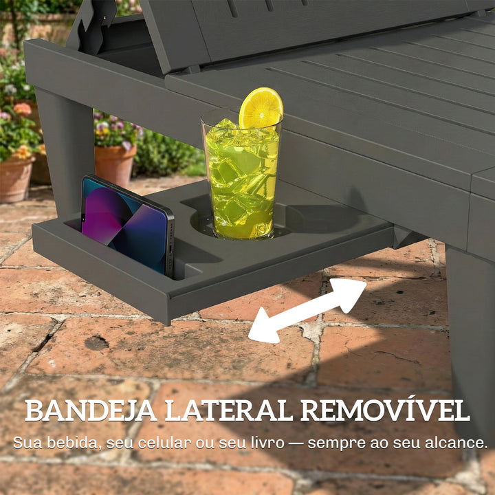 Conjunto de 2 Espreguiçadeiras de Jardim Espreguiçadeiras Reclináveis de Plástico PP com Bandeja Lateral Encosto Ajustável em 5 Posições Resistentes às Intempéries para Praia e Piscina Cinzento