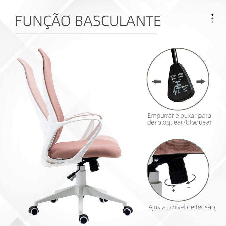 Cadeira de Escritório Giratória com Altura Ajustável Cadeira de Escritório Ergonómica com Apoio para os Braços Função de Inclinação e Encosto Alto para Sala de Estar Dormitório 62x56x110-119,5 cm Rosa