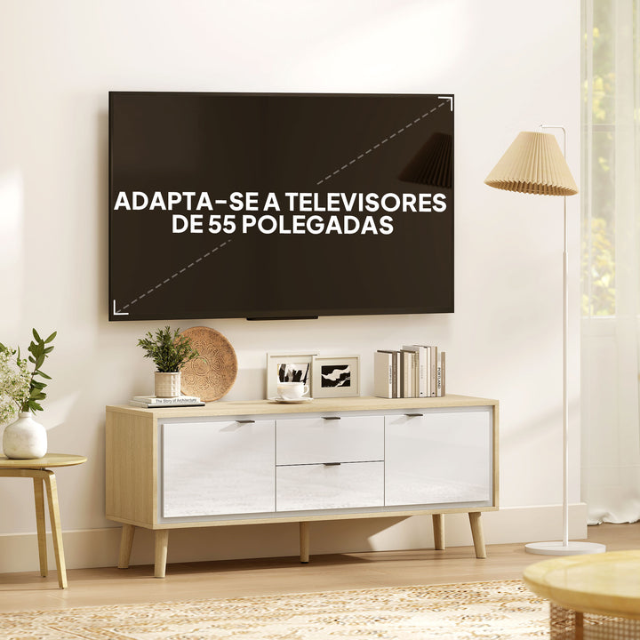 Móvel de TV Moderno de 2 Portas Móvel TV para Sala com 2 Gavetas Orifícios Passa-Cabos Prateleiras Removíveis e Ajustáveis para Televisão 55 Polegadas 120x35x50 cm Branco Brilho e Carvalho