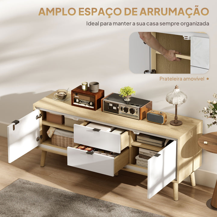 Móvel de TV Moderno de 2 Portas Móvel TV para Sala com 2 Gavetas Orifícios Passa-Cabos Prateleiras Removíveis e Ajustáveis para Televisão 55 Polegadas 120x35x50 cm Branco Brilho e Carvalho
