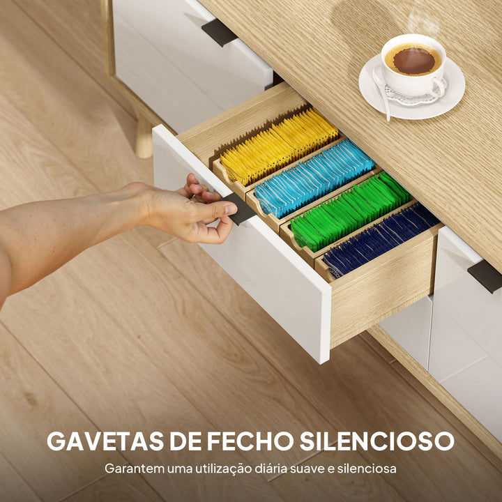 Móvel de TV Moderno de 2 Portas Móvel TV para Sala com 2 Gavetas Orifícios Passa-Cabos Prateleiras Removíveis e Ajustáveis para Televisão 55 Polegadas 120x35x50 cm Branco Brilho e Carvalho