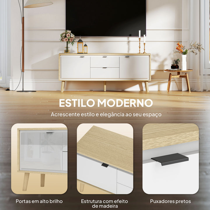 Móvel de TV Moderno de 2 Portas Móvel TV para Sala com 2 Gavetas Orifícios Passa-Cabos Prateleiras Removíveis e Ajustáveis para Televisão 55 Polegadas 120x35x50 cm Branco Brilho e Carvalho