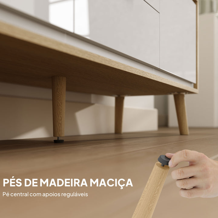 Móvel de TV Moderno de 2 Portas Móvel TV para Sala com 2 Gavetas Orifícios Passa-Cabos Prateleiras Removíveis e Ajustáveis para Televisão 55 Polegadas 120x35x50 cm Branco Brilho e Carvalho