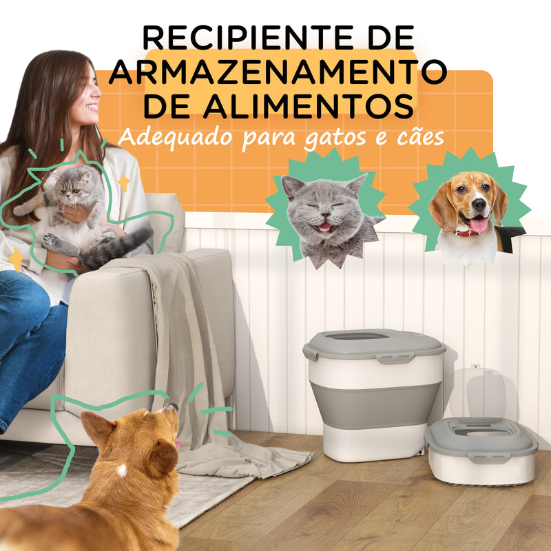 Recipiente de alimentação dobrável de 25l, recipiente de comida para cães com rodas, copo de medição, tigela dobrável e colher, recipiente de comida para animais de estimação, gatos, cinza