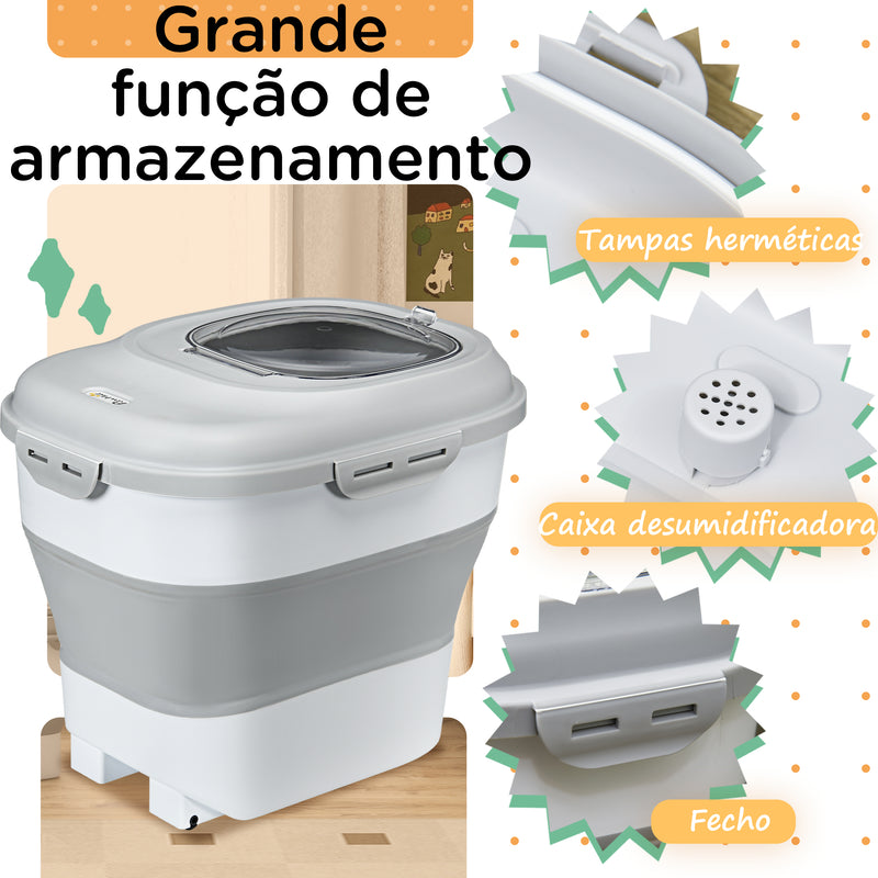 Recipiente de alimentação dobrável de 25l, recipiente de comida para cães com rodas, copo de medição, tigela dobrável e colher, recipiente de comida para animais de estimação, gatos, cinza