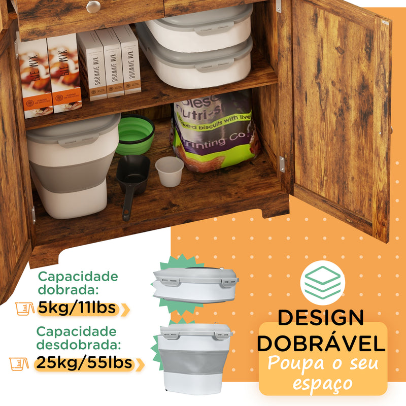 Recipiente de alimentação dobrável de 25l, recipiente de comida para cães com rodas, copo de medição, tigela dobrável e colher, recipiente de comida para animais de estimação, gatos, cinza