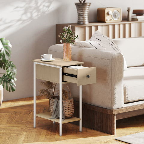 Mesa Auxiliar Estreita Mesa Auxiliar Industrial com Gaveta Prateleira Aberta e Estrutura Metálica para Sala de Estar Dormitório 25x39,8x58,2 cm Madeira