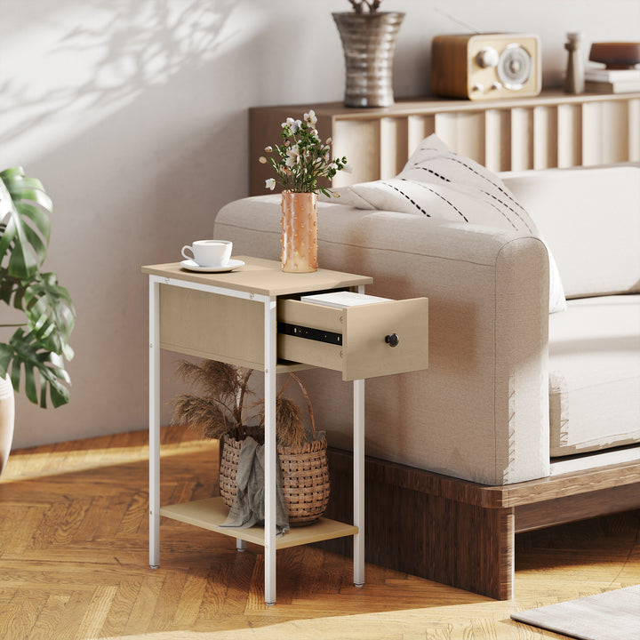 Mesa Auxiliar Estreita Mesa Auxiliar Industrial com Gaveta Prateleira Aberta e Estrutura Metálica para Sala de Estar Dormitório 25x39,8x58,2 cm Madeira