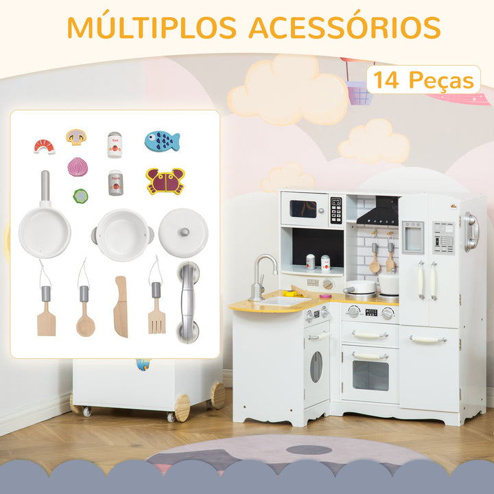 Cozinha Infantil de Madeira para Crianças acima de 3 Anos com Sons 14 Acessórios Cozinha Infantil com Telefone Lavatório Microondas e Grifo 82x65x87cm Branco