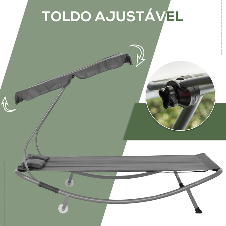 Espreguiçadeira Dupla de Jardim com Toldo Ajustável Espreguiçadeira de Jardim com 2 Almofadas para 2 Pessoas Espreguiçadeira de Piscina com 2 Rodas 200x175x134 cm Cinza
