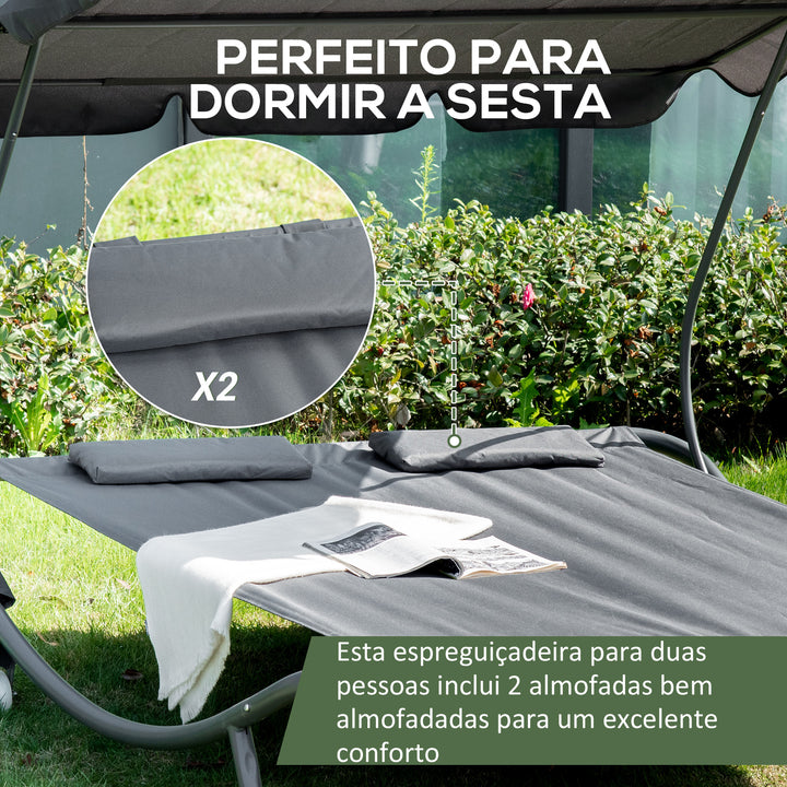 Espreguiçadeira Dupla de Jardim com Toldo Ajustável Espreguiçadeira de Jardim com 2 Almofadas para 2 Pessoas Espreguiçadeira de Piscina com 2 Rodas 200x175x134 cm Cinza