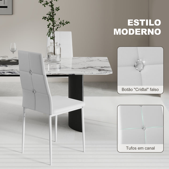 Conjunto de 6 Cadeiras de Sala de Jantar Estofadas em PU Cadeiras de Cozinha com Encosto Alto com Botões e Pernas de Aço Desenho Moderno para Sala de Estar Quarto 41x50x97 cm Branco