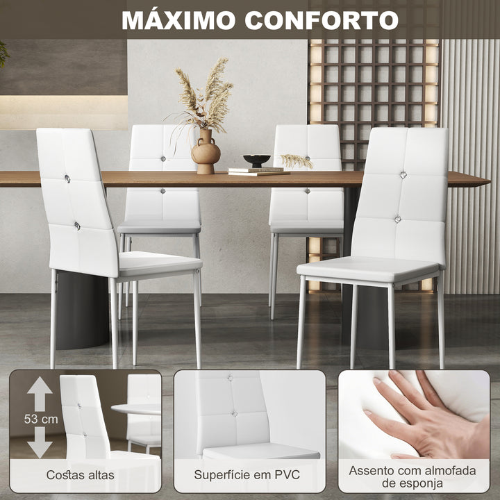 Conjunto de 6 Cadeiras de Sala de Jantar Estofadas em PU Cadeiras de Cozinha com Encosto Alto com Botões e Pernas de Aço Desenho Moderno para Sala de Estar Quarto 41x50x97 cm Branco