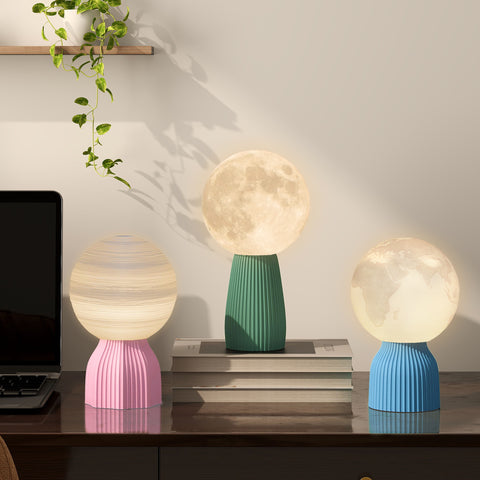 Conjunto de 3 Candeeiros de Mesa de Cabeceira 3D Candeeiros de Mesa com 3 Cores Brilho Ajustável em 10 Níveis Conexão USB para Casa Escritório Quarto Branco