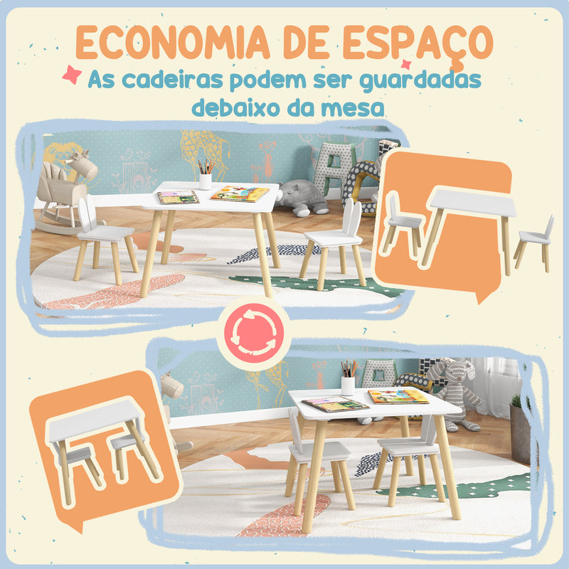 Conjunto de Mesa Infantil e 2 Cadeiras Mesa Infantil com Costas de Cadeiras com Orelhas de Coelho Mesa Infantil para Quarto de Bebé Sala de Jogos Branca