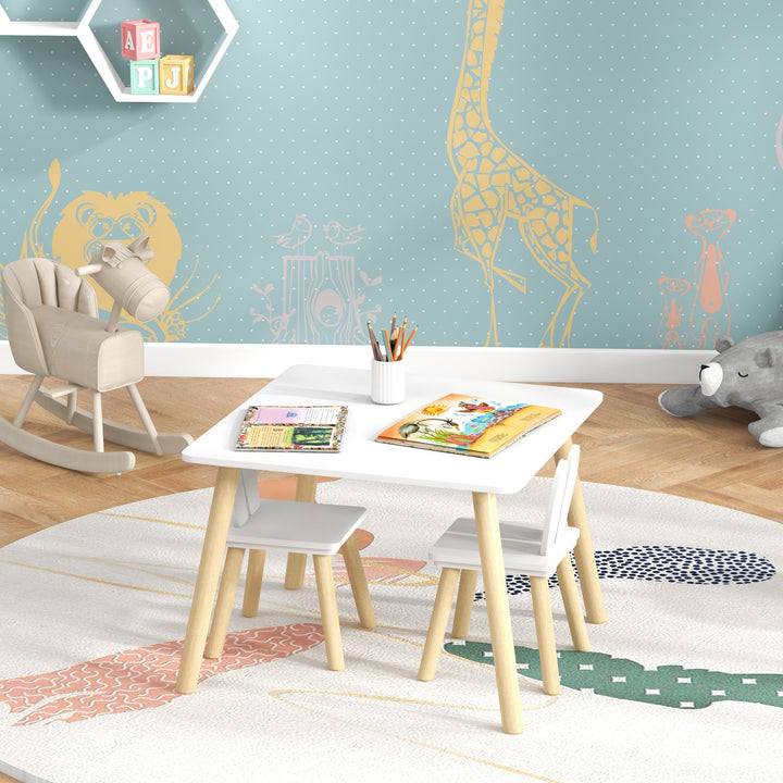 Conjunto de Mesa Infantil e 2 Cadeiras Mesa Infantil com Costas de Cadeiras com Orelhas de Coelho Mesa Infantil para Quarto de Bebé Sala de Jogos Branca