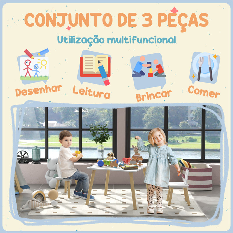 Conjunto de Mesa Infantil e 2 Cadeiras Mesa Infantil com Costas de Cadeiras com Orelhas de Coelho Mesa Infantil para Quarto de Bebé Sala de Jogos Branca