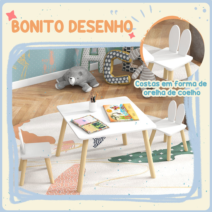 Conjunto de Mesa Infantil e 2 Cadeiras Mesa Infantil com Costas de Cadeiras com Orelhas de Coelho Mesa Infantil para Quarto de Bebé Sala de Jogos Branca