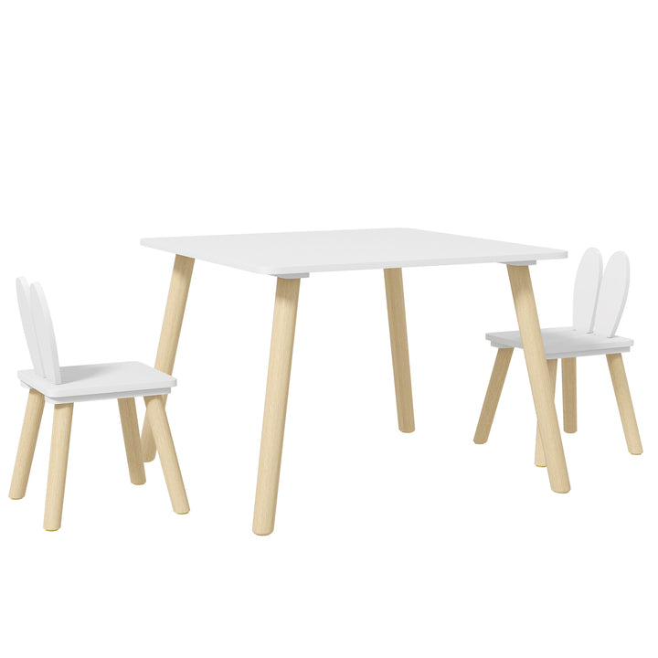 Conjunto de Mesa Infantil e 2 Cadeiras Mesa Infantil com Costas de Cadeiras com Orelhas de Coelho Mesa Infantil para Quarto de Bebé Sala de Jogos Branca