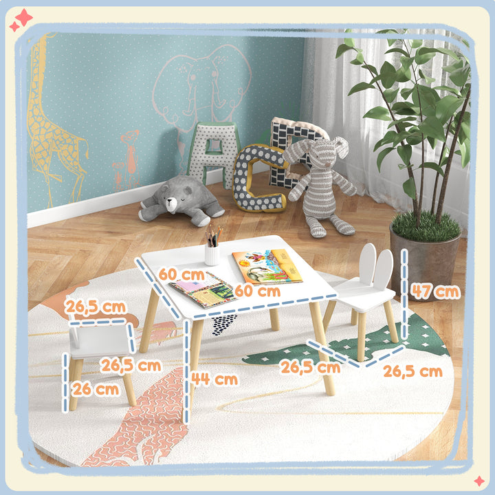 Conjunto de Mesa Infantil e 2 Cadeiras Mesa Infantil com Costas de Cadeiras com Orelhas de Coelho Mesa Infantil para Quarto de Bebé Sala de Jogos Branca