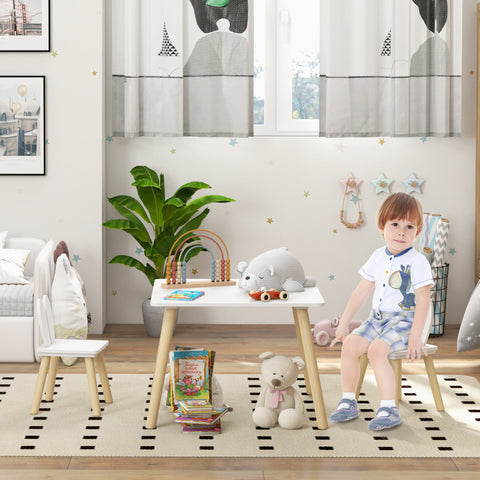 Conjunto de Mesa Infantil e 2 Cadeiras Mesa Infantil com Costas de Cadeiras com Orelhas de Coelho Mesa Infantil para Quarto de Bebé Sala de Jogos Branca