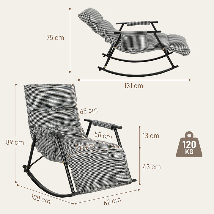 Poltrona Baloiço com Encosto e Apoia-Pés Ajustáveis Poltrona Baloiço 105° Estofada em Linho com Bolso Lateral e Estrutura de Metal Suporta 120 kg para Quarto Sala Preto e Branco