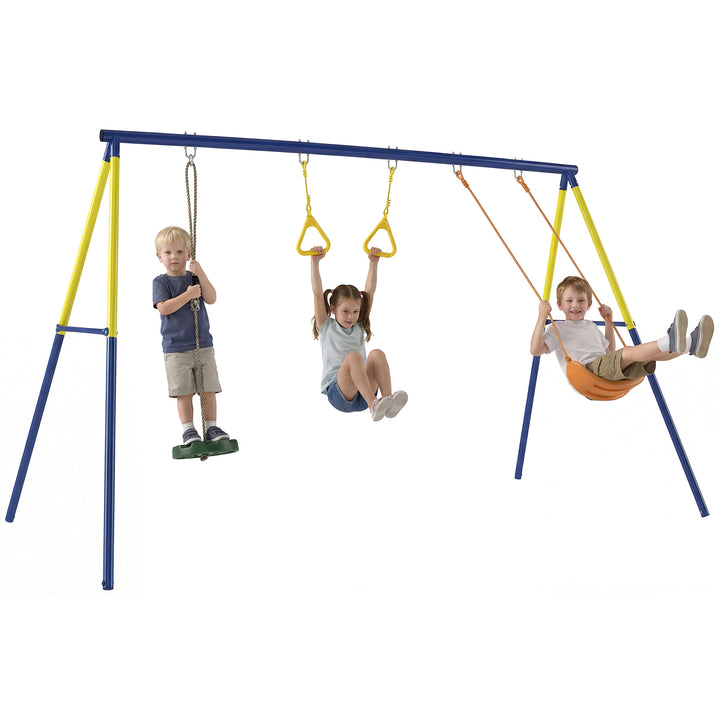 Baloiço Infantil 3 em 1 Baloiço com Argolas de Ginástica Suporta até 150 kg para Interior e Exterior Crianças dos 3 aos 8 Anos 285x160x181 cm Multicolor