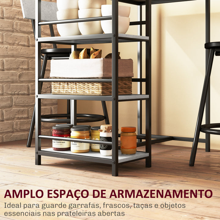 Conjunto de Mesa Alta de Bar com 2 Bancos Mesa Alta de Cozinha com Bancos Prateleiras Laterais Assento Acolchoado e Barra para Descanso dos Pés Cinza Escuro