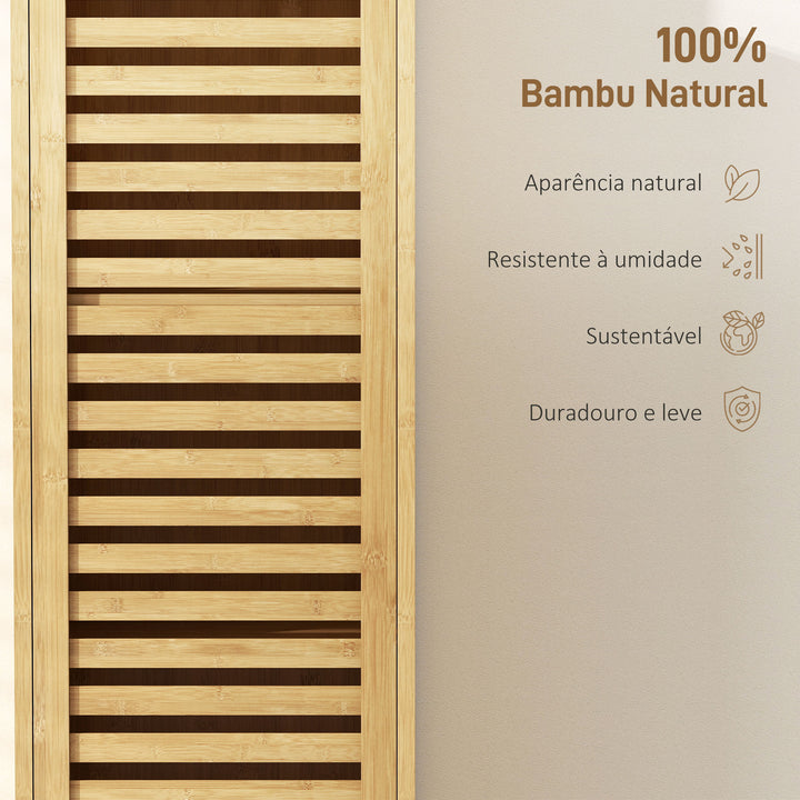 Coluna Casa de Banho de Bambu Armário Alto e Estreito para Casa de Banho com 3 Prateleiras Abertas Portas de Ripas Prateleiras Ajustáveis 34x30x170 cm Madeira