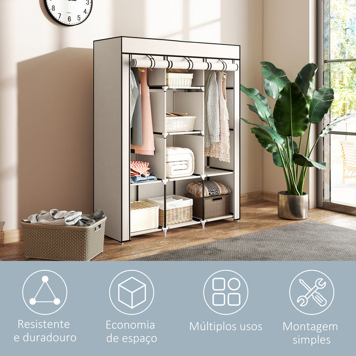 Roupeiro de Tecido Dobrável Armário Portátil com 8 Prateleiras de Armazenamento e 2 Barras de Pendurar Organizador de Roupa para Dormitório Vestidor 125x43x162,5cm Creme