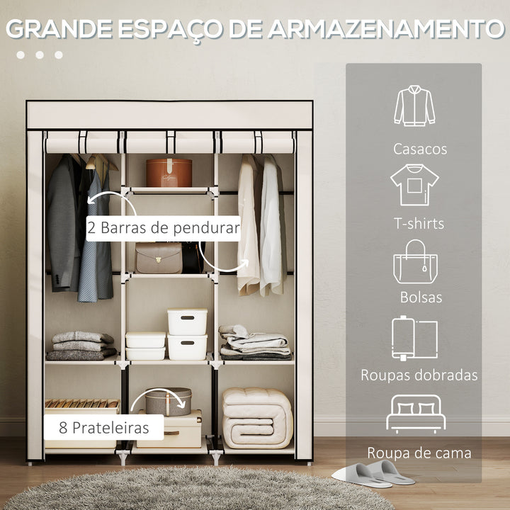 Roupeiro de Tecido Dobrável Armário Portátil com 8 Prateleiras de Armazenamento e 2 Barras de Pendurar Organizador de Roupa para Dormitório Vestidor 125x43x162,5cm Creme