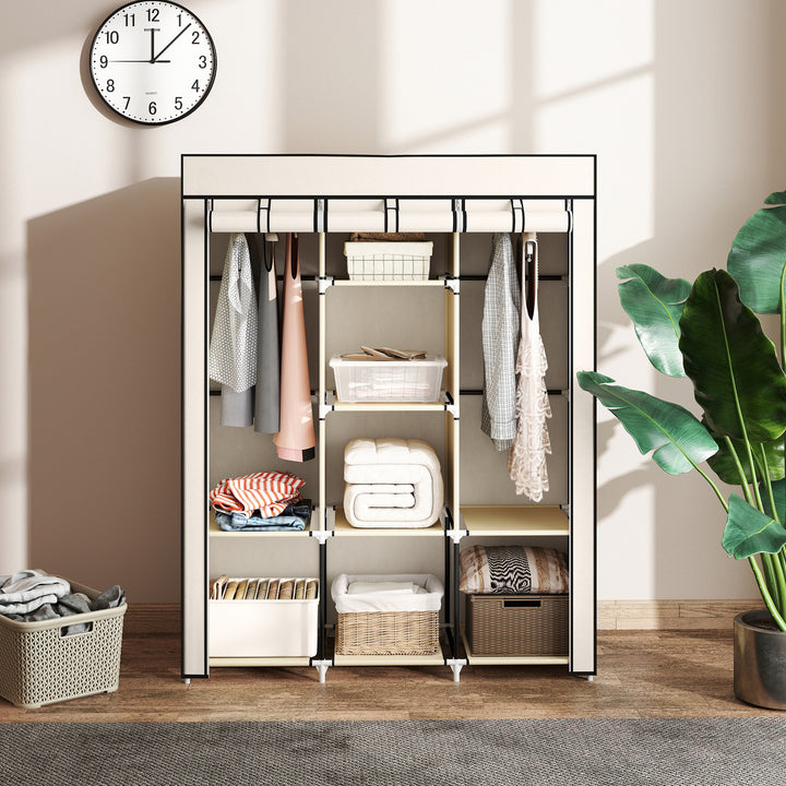 Roupeiro de Tecido Dobrável Armário Portátil com 8 Prateleiras de Armazenamento e 2 Barras de Pendurar Organizador de Roupa para Dormitório Vestidor 125x43x162,5cm Creme
