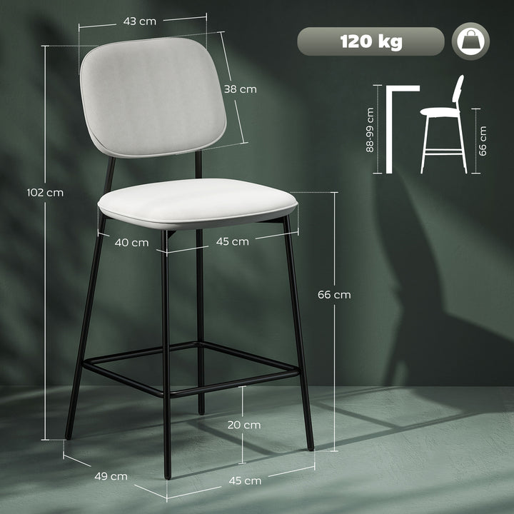 Conjunto de 2 Bancos de Bar Bancos Altos de Cozinha com Encosto e Apoio para os Pés Estofados em Veludo Estrutura de Aço Bancos Altos Modernos para Sala de Jantar Balcão 45x49x102 cm Cinza Claro