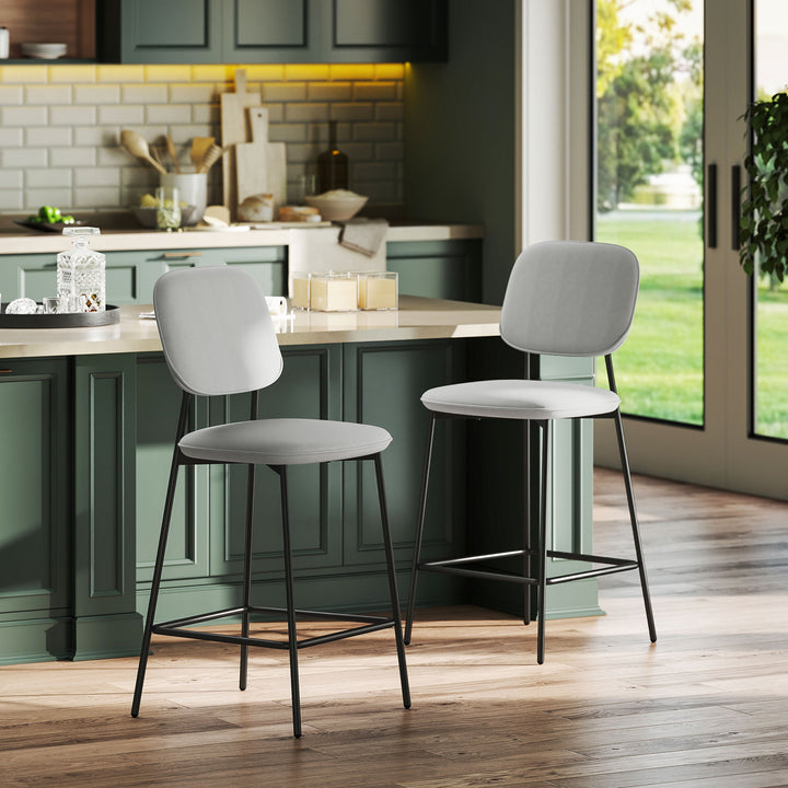 Conjunto de 2 Bancos de Bar Bancos Altos de Cozinha com Encosto e Apoio para os Pés Estofados em Veludo Estrutura de Aço Bancos Altos Modernos para Sala de Jantar Balcão 45x49x102 cm Cinza Claro