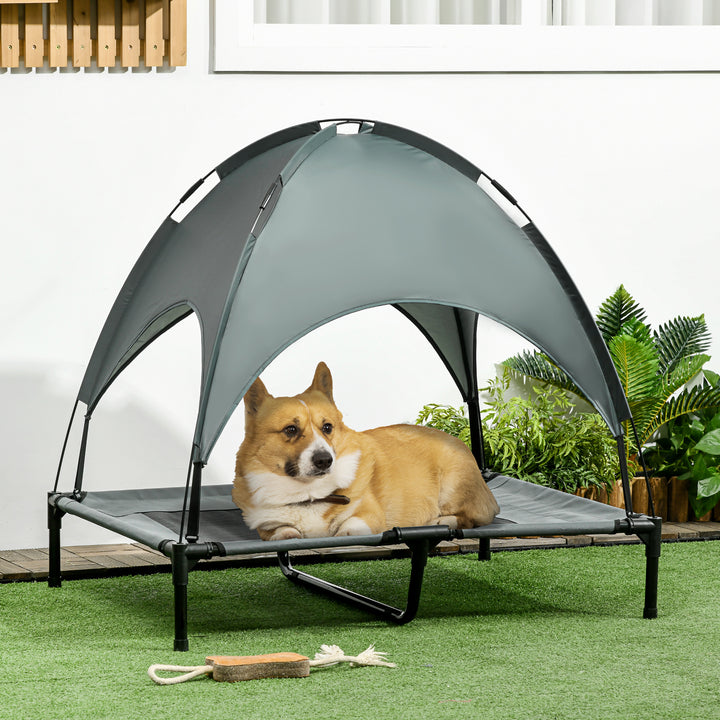 Cama elevada para animais de estimação Portátil com tecido respirável de toldo removível para interior e exterior 92x76x90 cm cinza