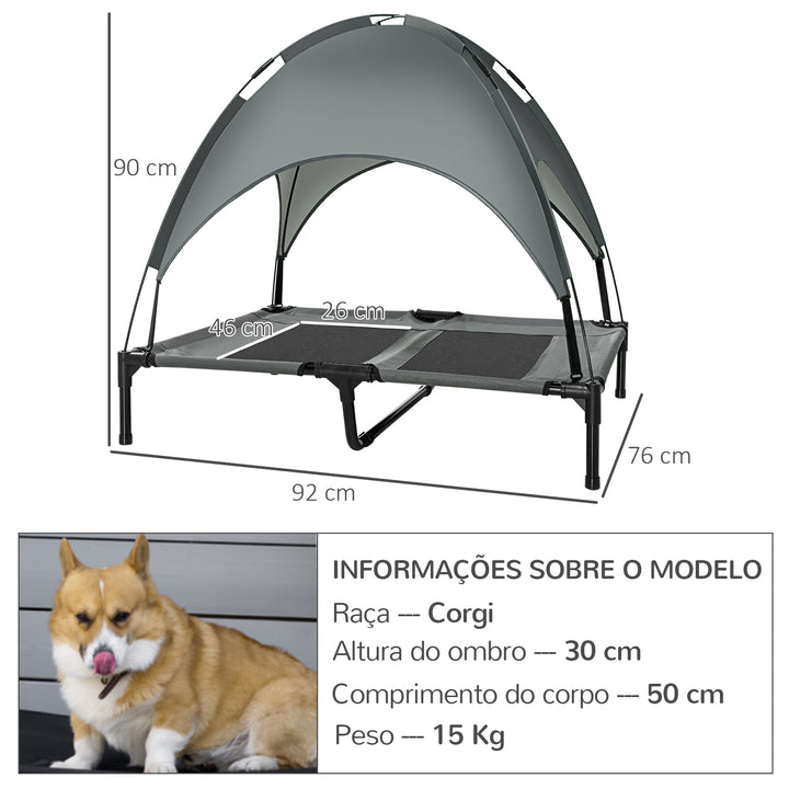 Cama elevada para animais de estimação Portátil com tecido respirável de toldo removível para interior e exterior 92x76x90 cm cinza