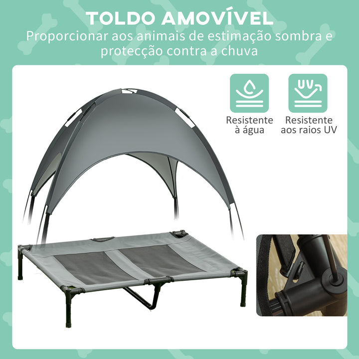 Cama elevada para animais de estimação Portátil com tecido respirável de toldo removível para interior e exterior 92x76x90 cm cinza
