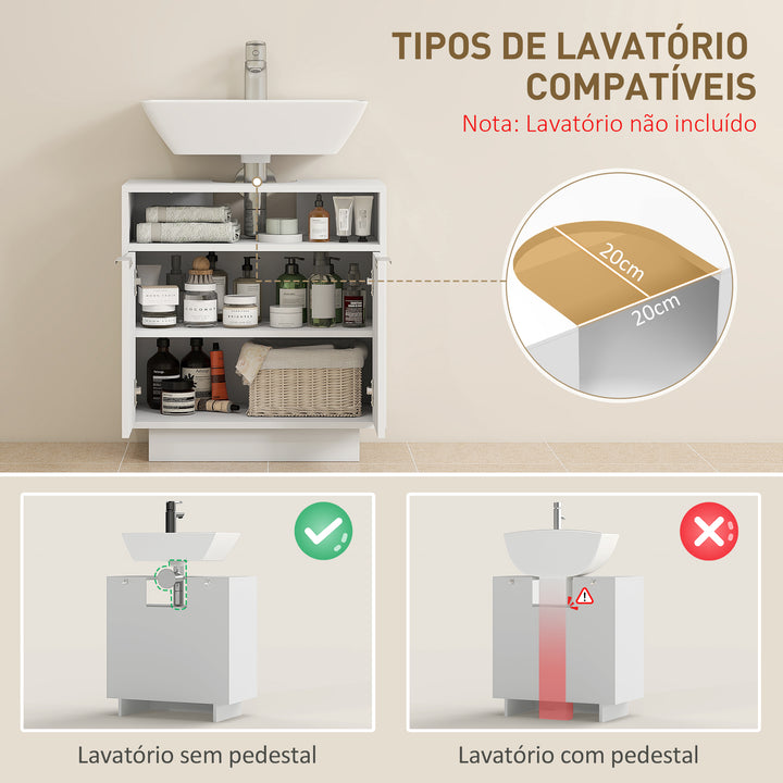Móvel para Lavatório Pousar Móvel de Casa de Banho com 2 Portas Canaladas e Compartimento Aberto Armário de Casa de Banho para Lavatório com ou sem Pedestal Estilo Moderno 60x33x63 cm Branco